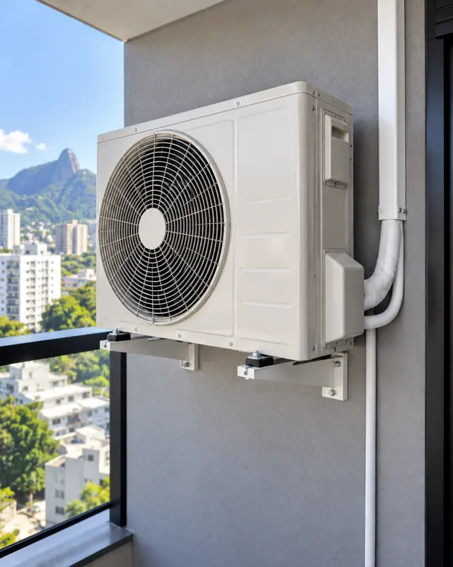 Condensadora de ar-condicionado fixada com suporte e calços na varanda de um prédio