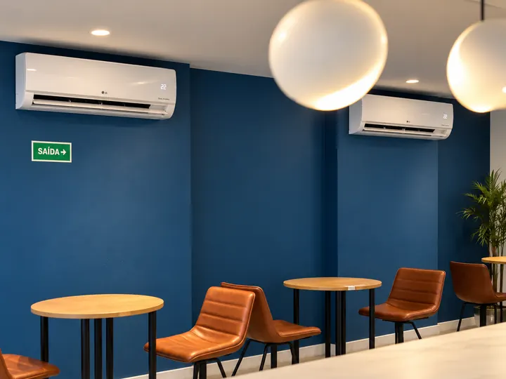 Dois splits instalados em cafeteria com parede azul