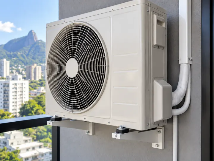 Condensadora de ar-condicionado fixada na varanda de um prédio